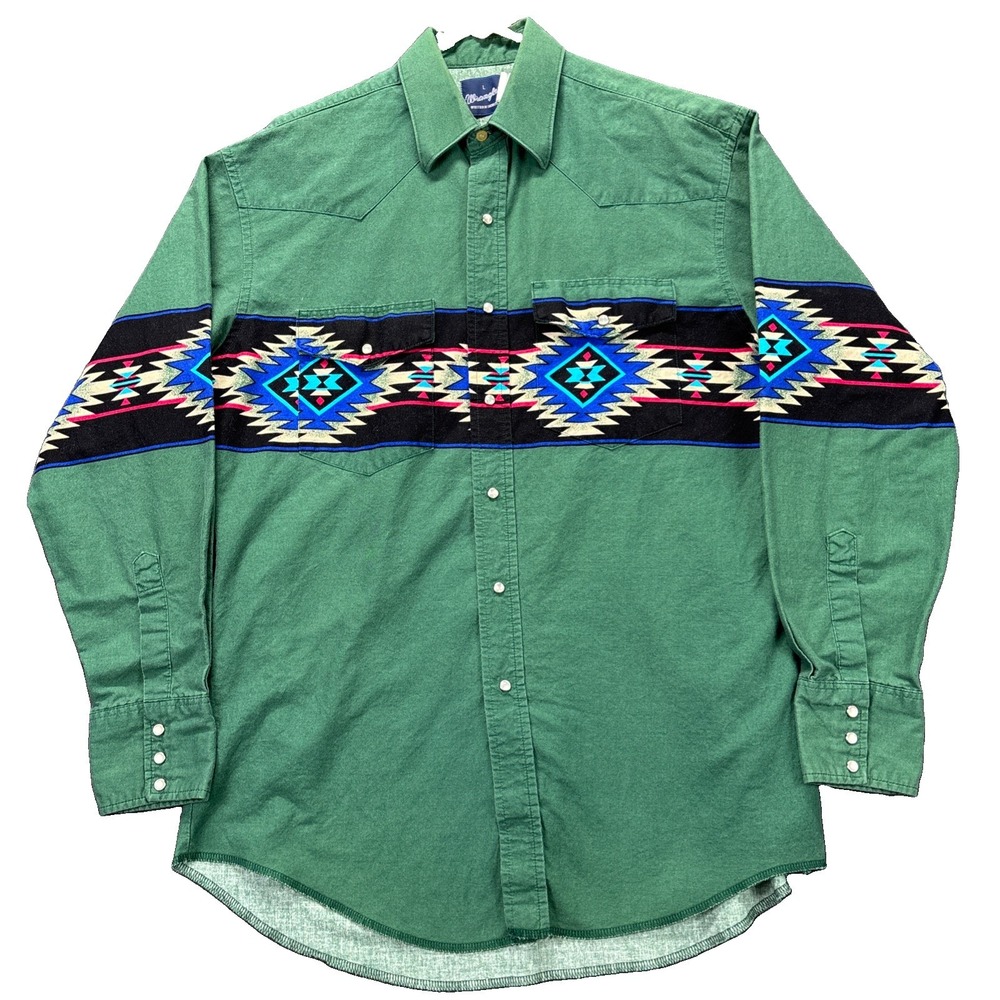 Vtg Wrangler Western Shirt Mens L Pearl Snap Long Sleeve Southwestern Aztec